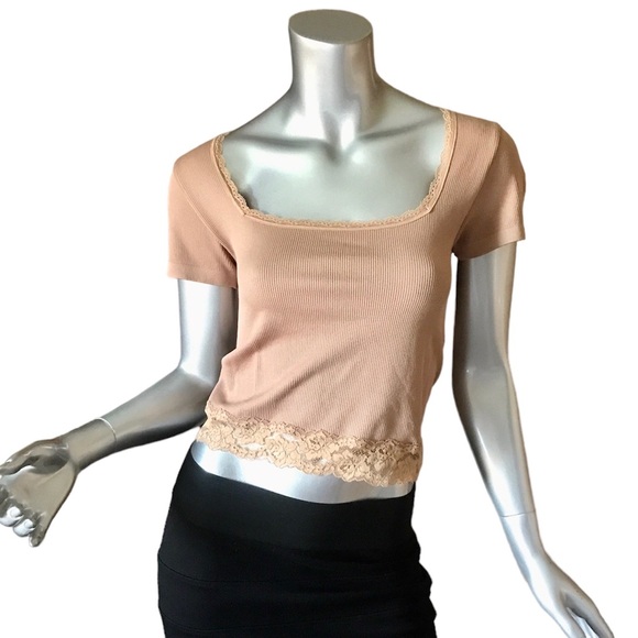 Planet Gold Ribbed Cropped Top Juniors Medium Tan Incense Square Neck Lace-Trim - Picture 1 of 10